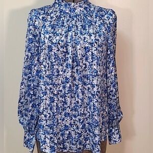 H&M Tops Blue and White Floral semi sheer high neck blouse